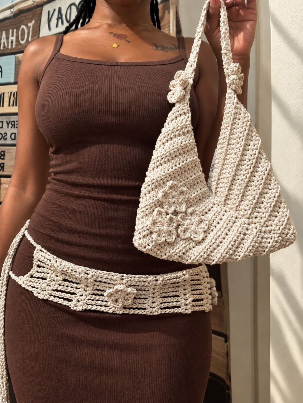 Handmade Cream Crochet Floral Purse & Tie Belt Set 🌸✨